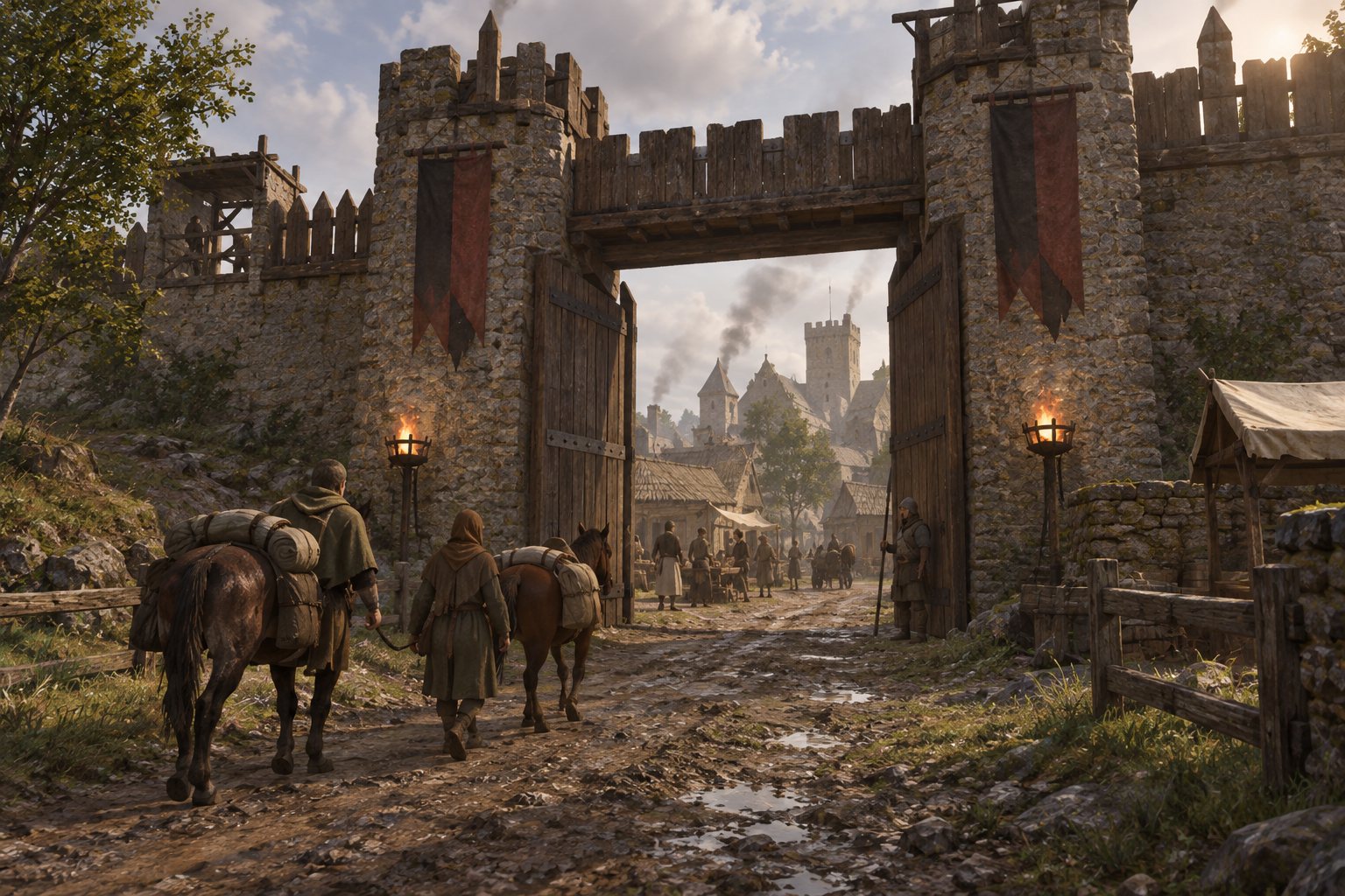 Travellers enter a Realm settlement through its open gate