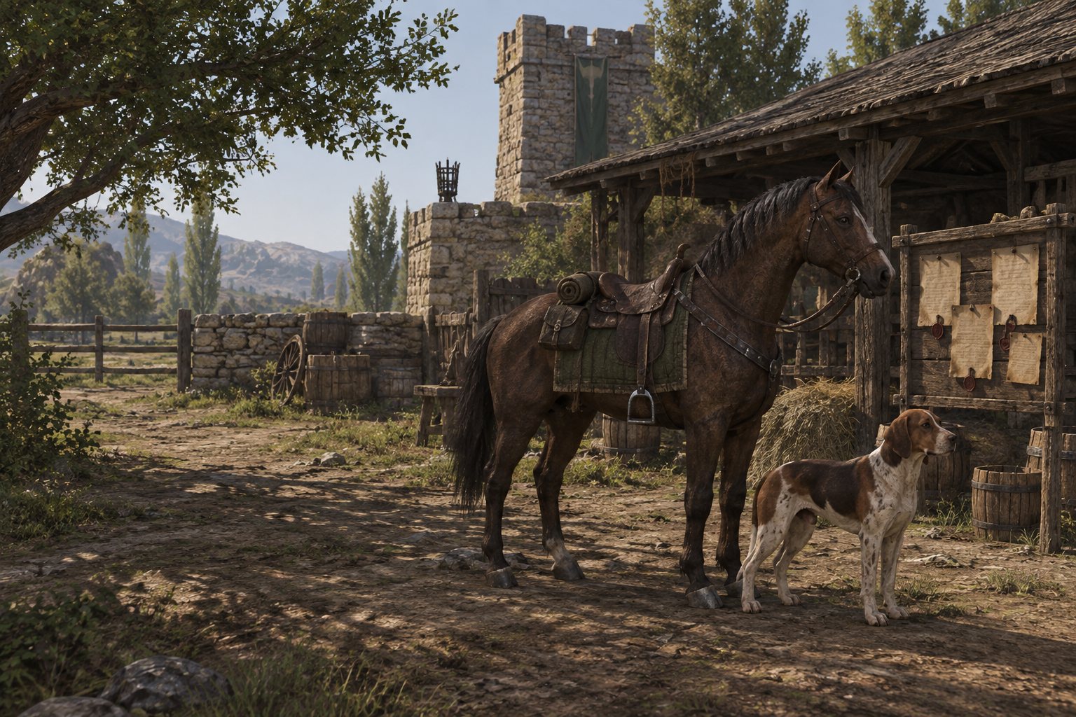 A saddled horse and hound beside a Realm notice board