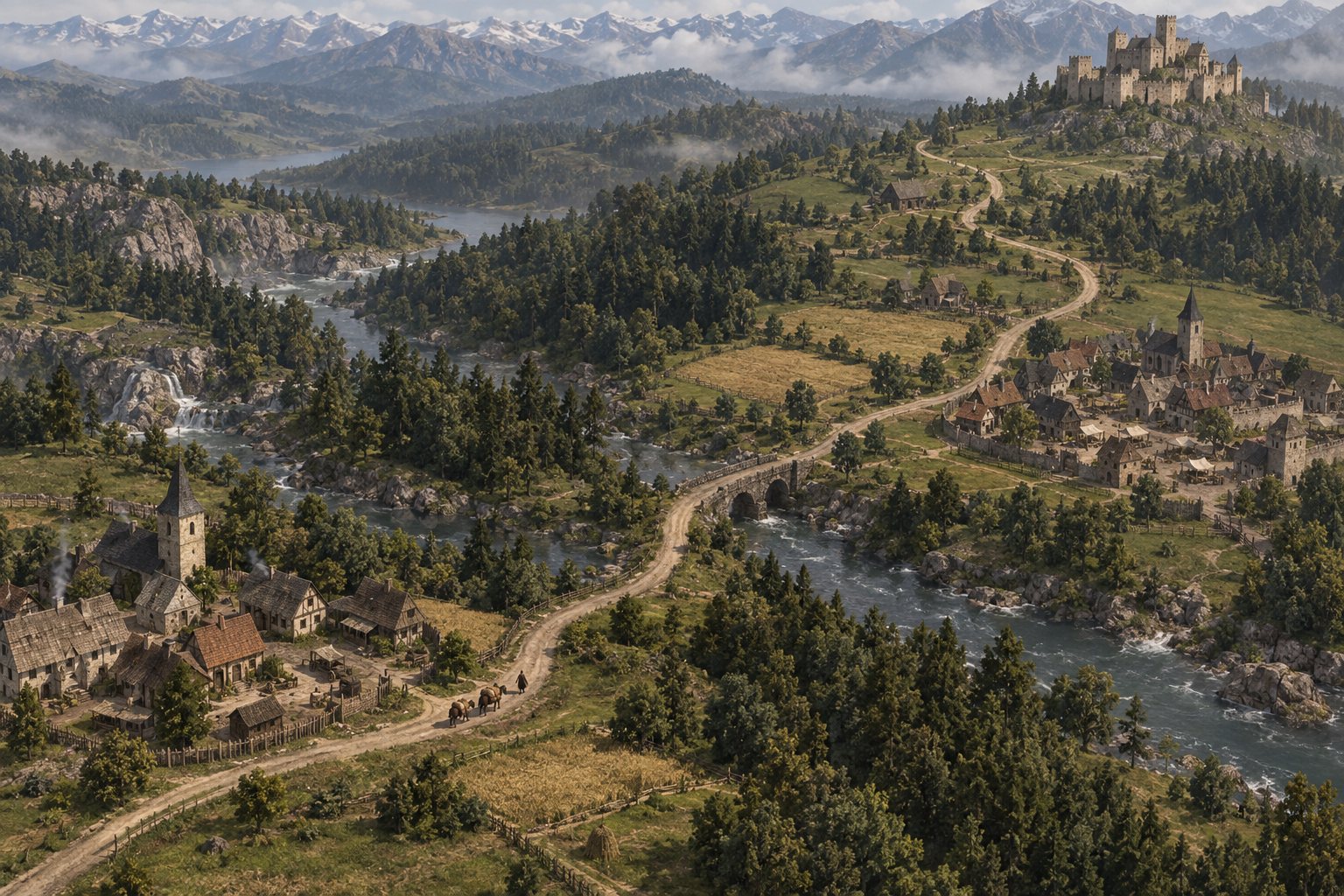 A caravan route crosses the Realm map between towns and a hill castle